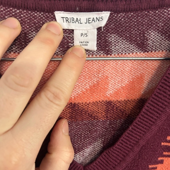 Tribal Burgundy and Orange Geometric V-Neck Sweater - Picture 3 of 4